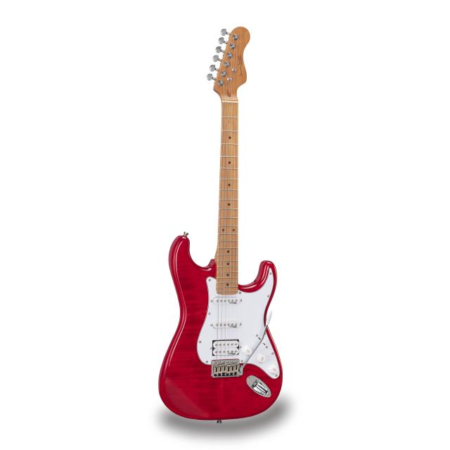 Chitarra elettrica double cutaway con 2 single coil + humbucker splittabile e meccaniche autobloccanti (equipaggiata Wilkinson, tastiera e manico in acero roasted, top fiammato)
