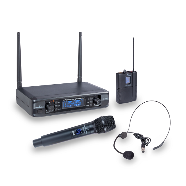 Sistema wireless compatto UHF doppio a 300 canali con 1 microfono palmare e 1 bodyback A2 (600-630MHz)