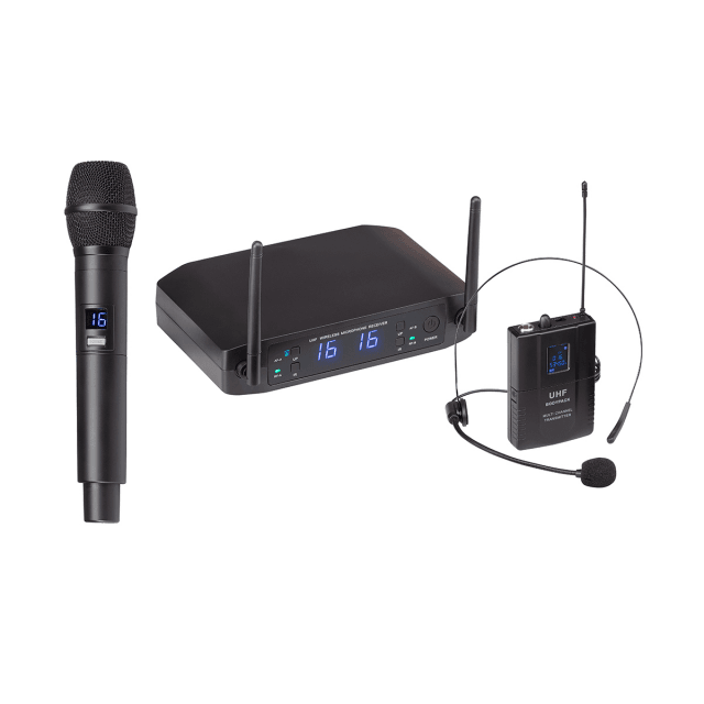 UHF Dual 16-Channel Wireless System with one handheld microphone and one headset with bodypack