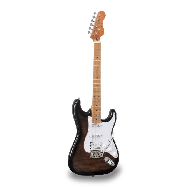 Chitarra elettrica double cutaway con 2 single coil + humbucker splittabile e meccaniche autobloccanti (equipaggiata Wilkinson, tastiera e manico in acero roasted, top fiammato)