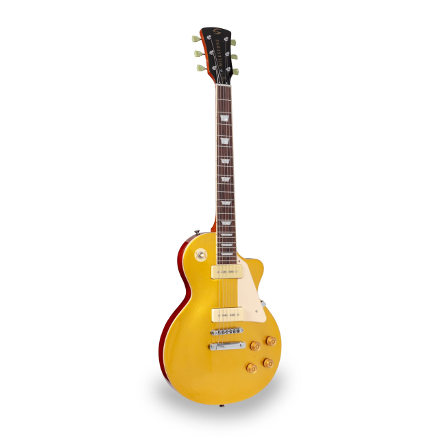 Arch top cutaway electric guitar with P-90 style humbuckers and set-in neck