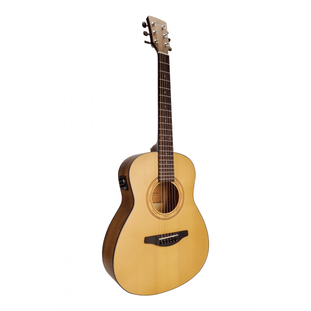 Compact Acoustic guitar featuring solid spruce top, engraved rosette and preamp