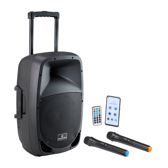 15" Portable PA System with Go-Sound Air App, 2 VHF Wireless Microphones, Trolley and Battery