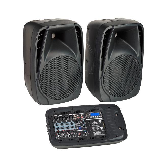 Sistema Pa 2x100W portatile con mixer attivo e due diffusori passivi a 2 vie