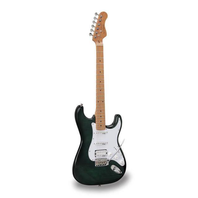 Chitarra elettrica double cutaway con 2 single coil + humbucker splittabile e meccaniche autobloccanti (equipaggiata Wilkinson, tastiera e manico in acero roasted, top fiammato)