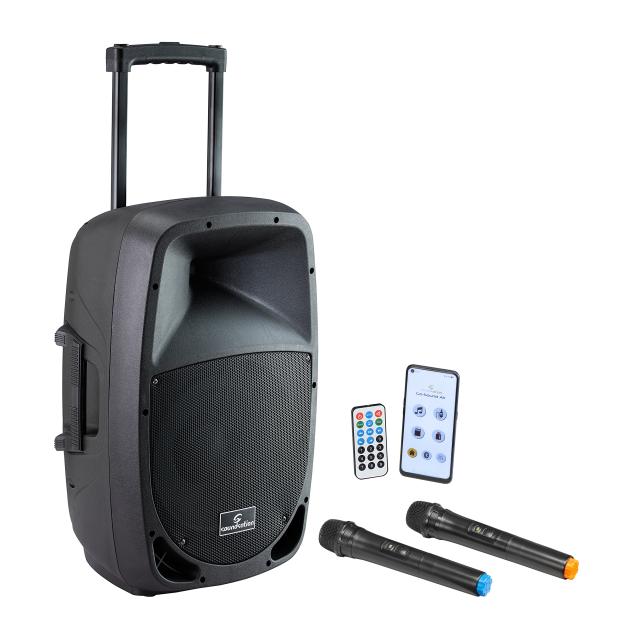 12" Portable PA System with Go-Sound Air App, 2 VHF Wireless Microphones, Trolley and Battery