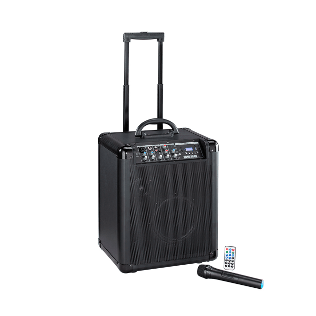Battery Powered PA System with trolley, VHF wireless microphone, Bluetooth™, MP3 player and reverb