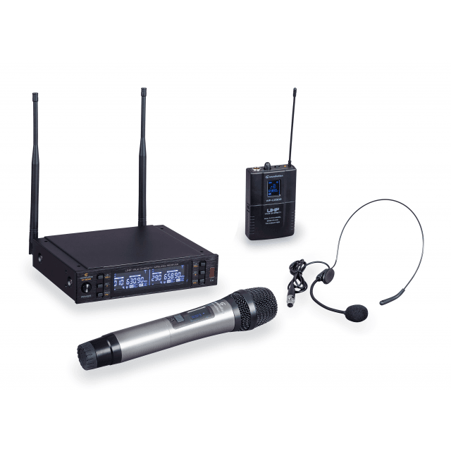 True Diversity Dual Wireless Microphone System with 1 handheld microphone and 1 bodypack with headset 630-660MHz