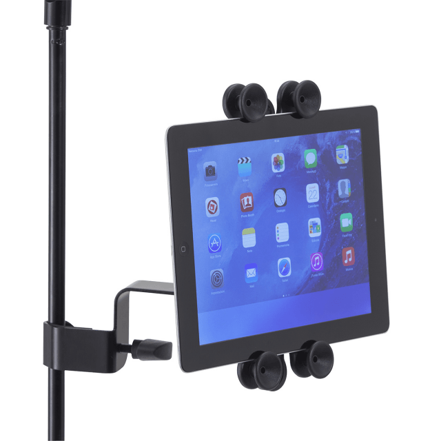 Universal tablet holder with stand attachment clamp