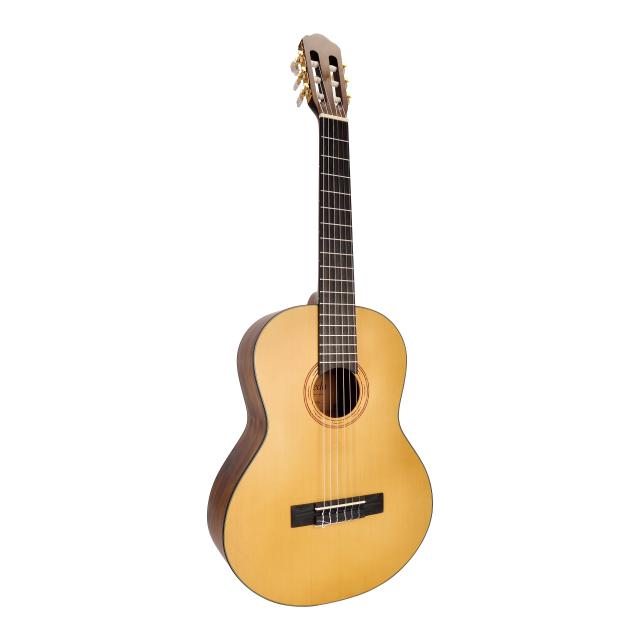 3/4 classical guitar featuring solid spruce top and engraved rosette
