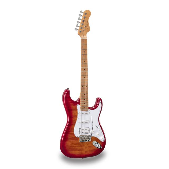 Chitarra elettrica double cutaway con 2 single coil + humbucker splittabile e meccaniche autobloccanti (equipaggiata Wilkinson, tastiera e manico in acero roasted, top fiammato)