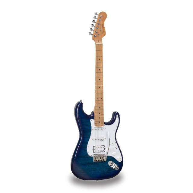 Chitarra elettrica double cutaway con 2 single coil + humbucker splittabile e meccaniche autobloccanti (equipaggiata Wilkinson, tastiera e manico in acero roasted, top fiammato)