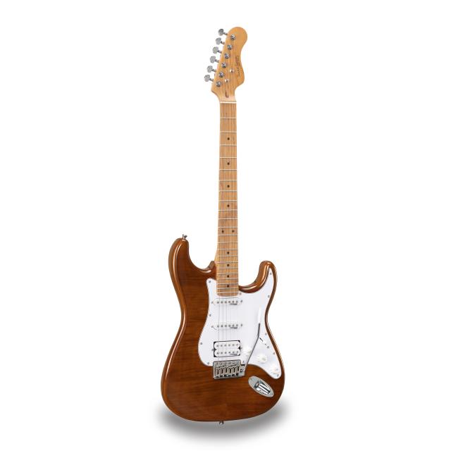 Chitarra elettrica double cutaway con 2 single coil + humbucker splittabile e meccaniche autobloccanti (equipaggiata Wilkinson, tastiera e manico in acero roasted, top fiammato)