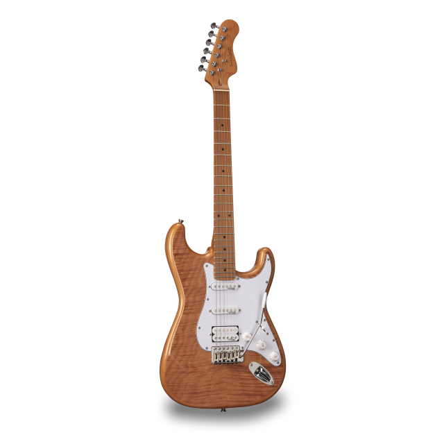 Chitarra elettrica double cutaway con 2 single coil + humbucker splittabile e meccaniche autobloccanti (equipaggiata Wilkinson, tastiera e manico in acero roasted, top fiammato)