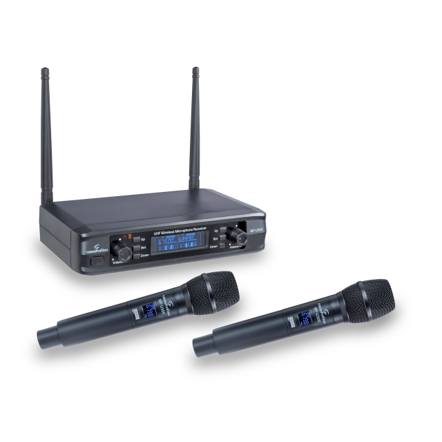 Sistema wireless compatto UHF doppio a 300 canali con 2 microfoni palmari A2 (600-630MHz)
