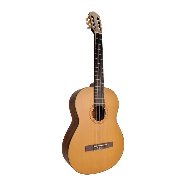 4/4 classical guitar featuring solid spruce top and engraved rosette