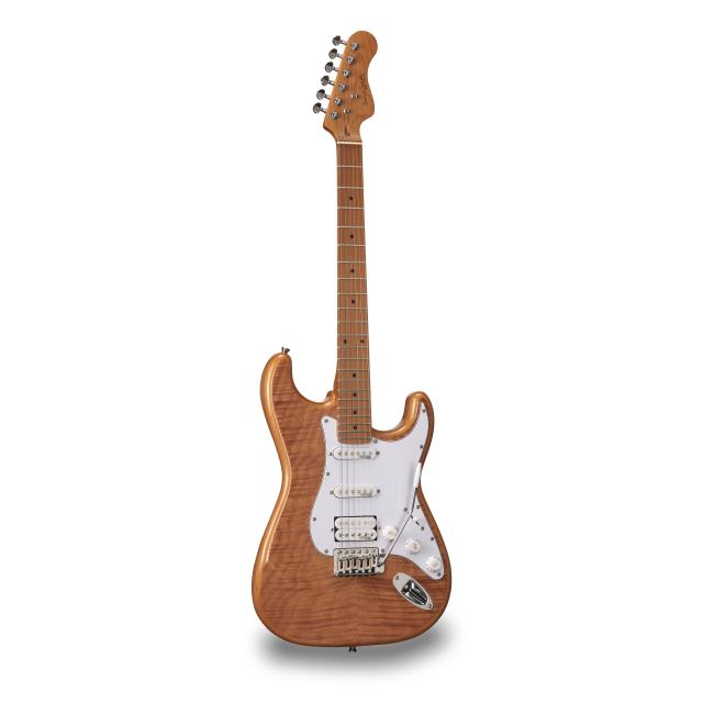 Chitarra elettrica double cutaway con 2 single coil + humbucker splittabile e meccaniche autobloccanti (equipaggiata Wilkinson, tastiera e manico in acero roasted, top fiammato)