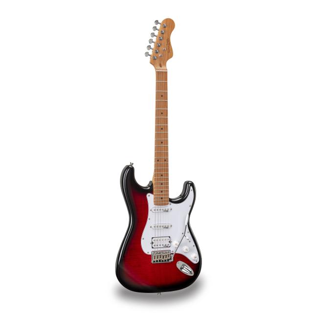 Chitarra elettrica double cutaway con 2 single coil + humbucker splittabile e meccaniche autobloccanti (equipaggiata Wilkinson, tastiera e manico in acero roasted, top fiammato)
