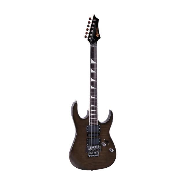 Double cutaway electric guitar with 2 humbuckers and 1 single coil featuring Floyd Rose style bridge and flamed top