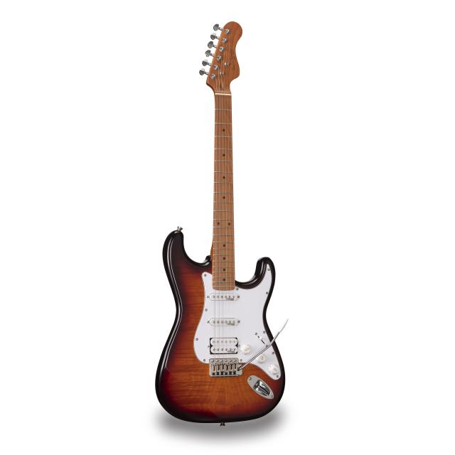 Chitarra elettrica double cutaway con 2 single coil + humbucker splittabile e meccaniche autobloccanti (equipaggiata Wilkinson, tastiera e manico in acero roasted, top fiammato)